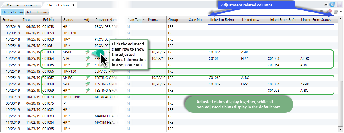 Claims History showing adjusted claims