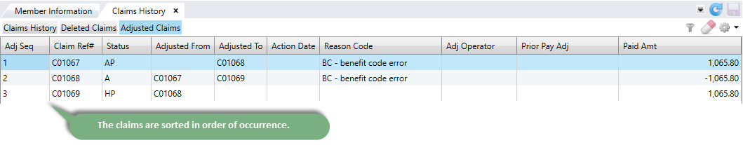 Claims history adjusted claims subtab