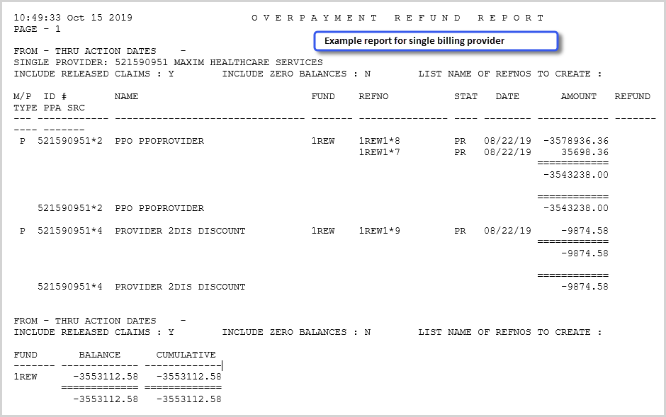 Example overpayment refund report - single billing provider